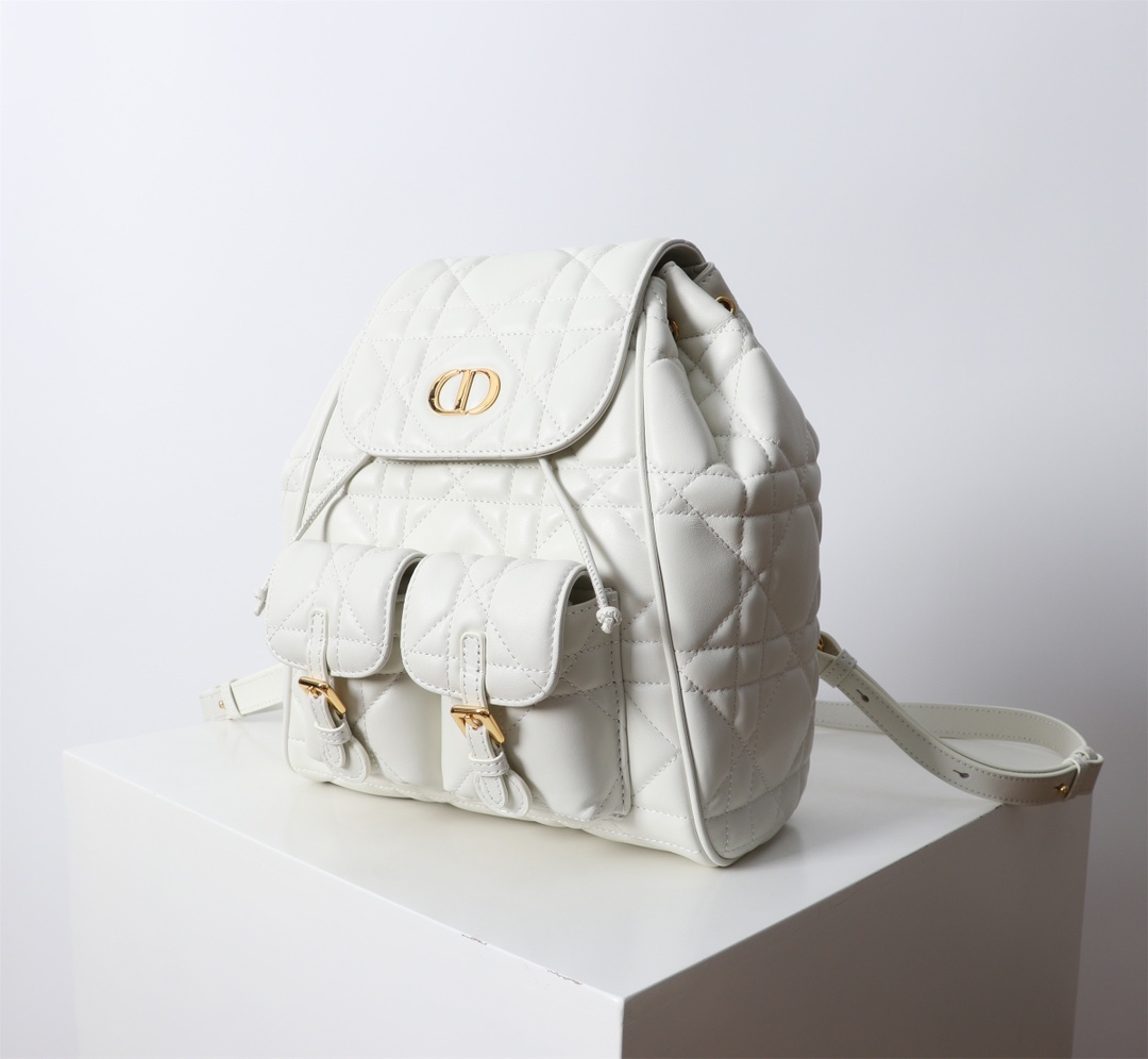 Medium Dior Caro Backpack White Macrocannage Lambskin